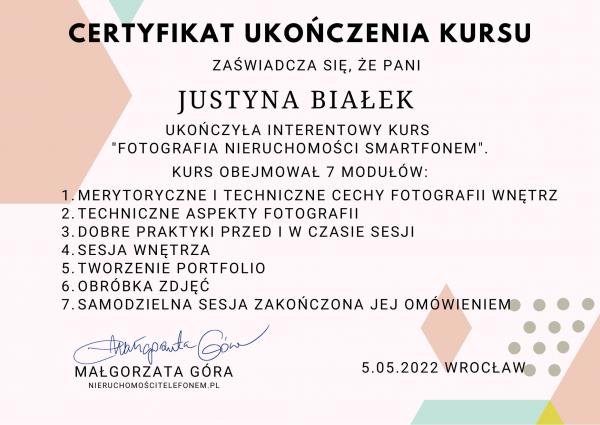 Justyna Bialek Certyfikat